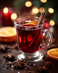 glass of mulled wine with cinnamon stick, orange slices, star anise, cozy festive background