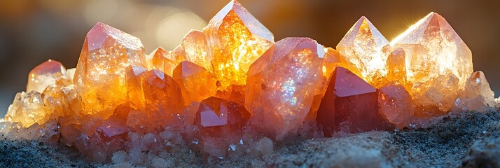 Close up of glowing orange and pink crystal cluster formation with sparkling facets and bokeh background