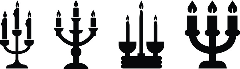 Candle with Stand Icon Set Black Flat Style Lighting Symbol Collection Group of Candlestick, Menorah, Lamp, Flame, Waxlight, Torch, Lantern, Illumination Vector