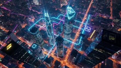 Aerial view of a futuristic city at night, with glowing neon lines representing data connections and network infrastructure overlaying the urban landscape, symbolizing technology and connectivity - Powered by Adobe