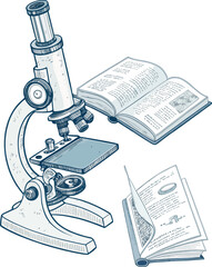 outline of microscope and open book.