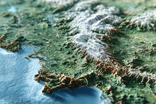 Detailed topographic map of mountainous region with coast