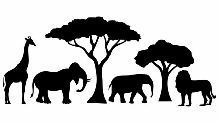 Silhouette illustration showcasing african wildlife including giraffe elephants and a lion under trees landscape