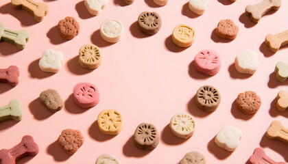 Premium pet treats arranged in circle pattern. Pastel colored background