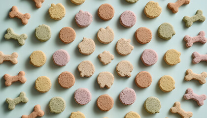 Premium pet treats arranged in circle pattern. Pastel colored background