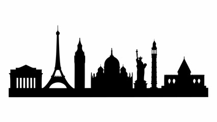 Fototapeta premium Black silhouette of world landmarks including the eiffel tower big ben and the statue of liberty on white