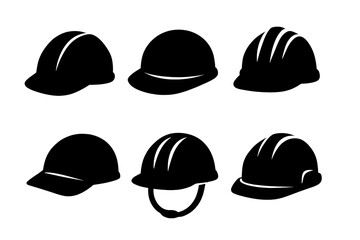Silhouette set of black and white safety helmets icons, construction and industrial hard hats vector illustration, protective gear symbols, worker safety concept, isolated design set