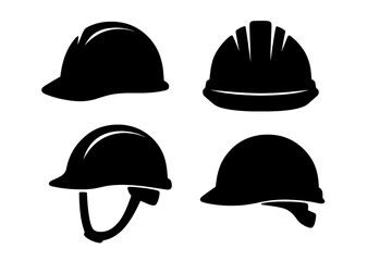 Silhouette set of black and white safety helmets icons, vector illustration with transparent background, construction hard hats, industrial protective helmets, safety gear set