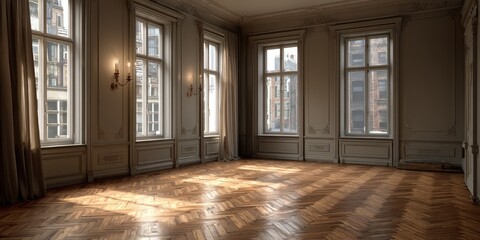 Empty grand room with light streaming through tall windows