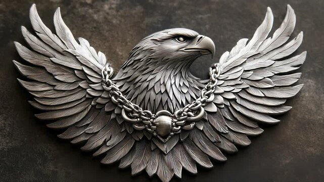 Majestic Silver Eagle Emblem with Spread Wings and Chain, Detailed Metalwork on Textured Background, Symbol of Freedom.
