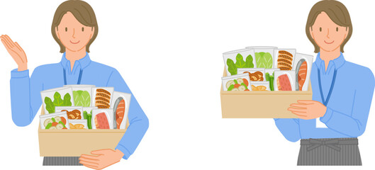 Smiling meal delivery staff woman holding meal kit and smartphone set