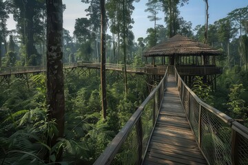 Obraz premium A wooden walkway leads to an elevated platform among lush greenery in a forest, showcasing nature's beauty and architecture harmoniously.