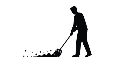 a silhouette figure sweeping debris with broom