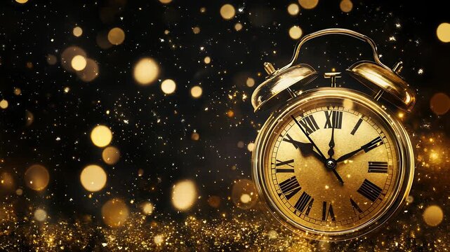 Golden Alarm Clock Showing Almost Midnight, Festive Bokeh Lights and Glitter on Black Background, New Year's Eve Celebration - Powered by Adobe