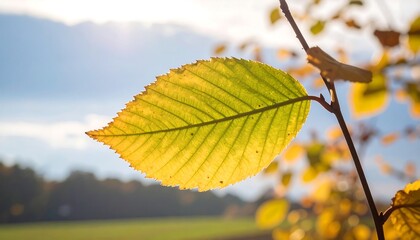 Obraz premium Sunlit autumn leaf, close-up view