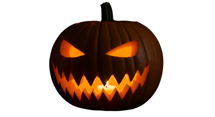 Naklejka premium Spooky carved Halloween pumpkin with glowing candle inside casts eerie orange light in dark isolated on white background