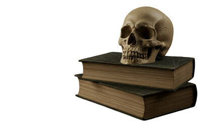 Ancient skull resting on weathered antique books, symbolizing history, knowledge, and mortality isolated on white background