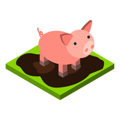 Conceptual Isometric Graphic of a Farm Pig Standing in a Mud Puddle