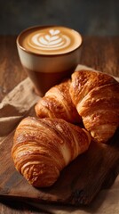 Three delicious croissants stacked with a coffee with a drawing inside served on a wooden board, image with copyspace