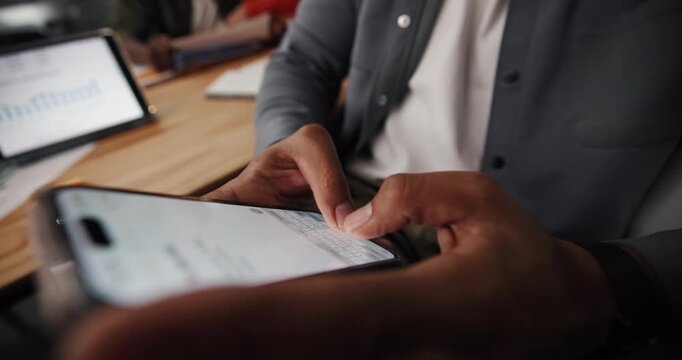 Business, hands and man in office, smartphone and typing with screen, trading and user experience. Closeup, person and employee in workplace, cellphone and digital app for stock exchange and internet