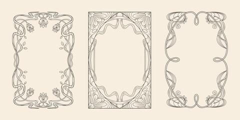 Art nouveau frame set with flowing botanical lines, curved vines and ornamental leaves for decorative borders. Elegant rectangular designs with organic patterns. Classic vintage poster or invitation.