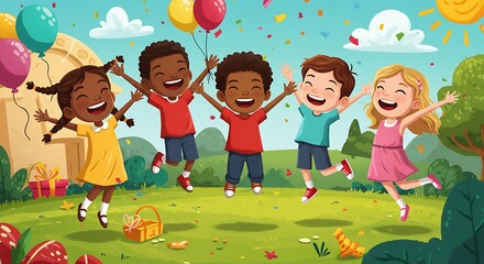 Happy children jumping outdoor celebration