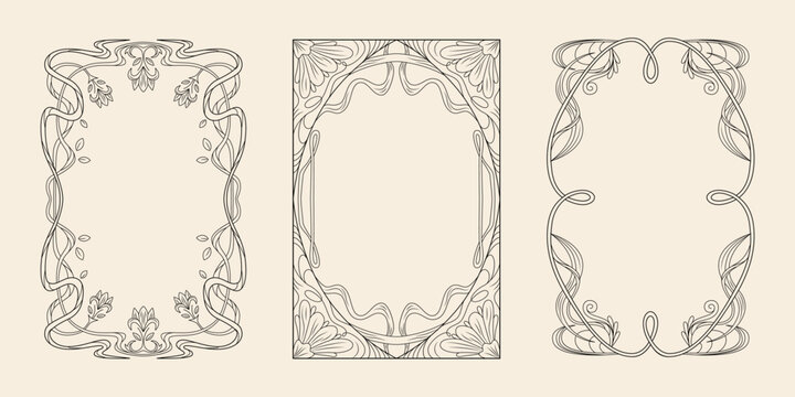 Naklejki Art nouveau frame set with flowing botanical lines, curved vines and ornamental leaves for decorative borders. Elegant rectangular designs with organic patterns. Classic vintage poster or invitation.