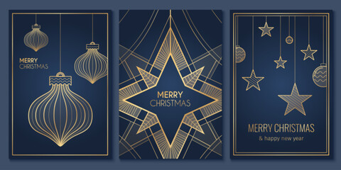 Elegant Christmas card designs with minimalist golden snowflake and ornament patterns on blue bg. Art deco geometric star motifs with linear decorations and holiday greetings. Luxury festive templates