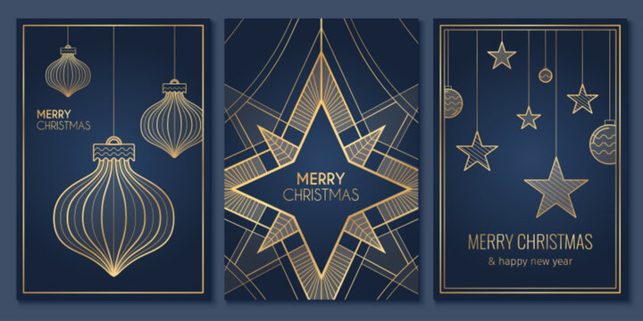 Elegant Christmas card designs with minimalist golden snowflake and ornament patterns on blue bg. Art deco geometric star motifs with linear decorations and holiday greetings. Luxury festive templates