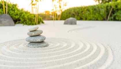 Obraz premium Peaceful Zen garden with stacked stones and intricate sand patterns