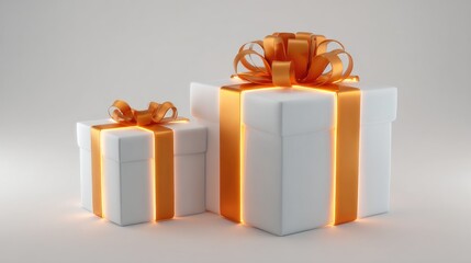 Two white gift boxes with orange ribbon and glowing edges