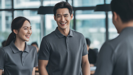 Smiling Asian executives in casual gray polo shirts engage in lively discussion in modern office setting, fostering collaborative and positive work environment