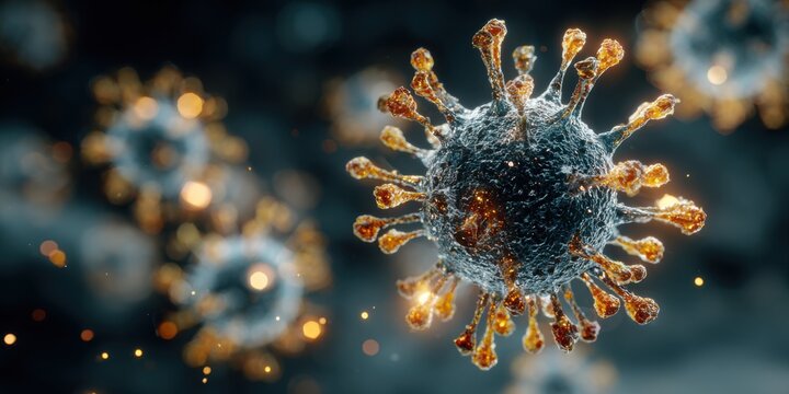 Microscopic view of a virus particle with glowing spikes and bokeh effect biology science