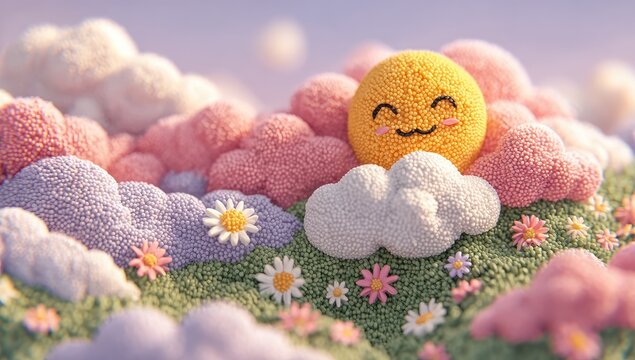 Pastel-colored, 3D rendered landscape of fluffy clouds and hills with a cheerful sun