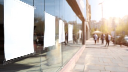 Obraz premium Blank Posters in a City Shop Window: Advertising Space Opportunity