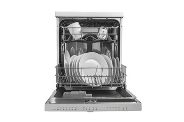 Stainless steel dishwasher interior with clean rack design isolated for kitchen appliance or home technology use.
