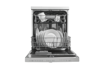 Stainless steel dishwasher interior with clean rack design isolated for kitchen appliance or home technology use.