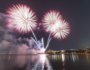 Colorful Fireworks Exploding Over City Skyline at Night