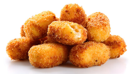 Many delicious fried croquettes isolated on white