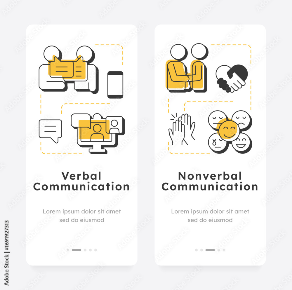 Wall mural communication types mobile app onboarding screens. social networking. online talking, conversation. 