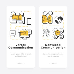 Communication types mobile app onboarding screens. Social networking. Online talking, conversation. Flat UI UX design, orange highlight with outline icons conceptual. Lexend font used