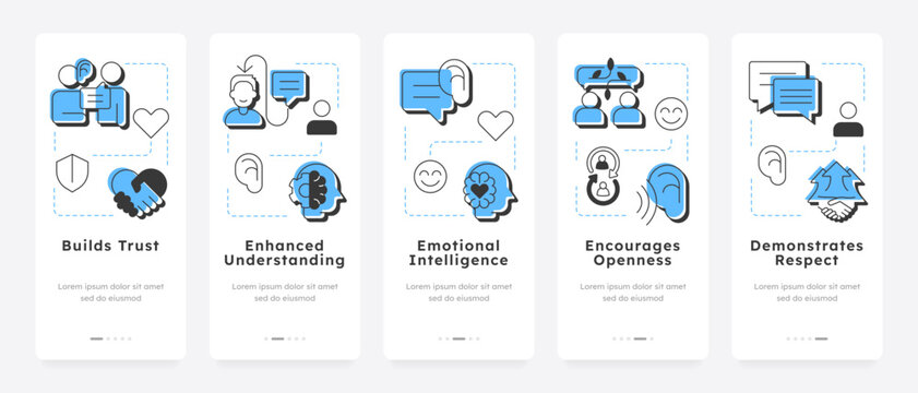 Active listening benefits mobile app onboarding screens. Mental wellness, communication skills. Critical thinking. Flat UI UX design, blue highlight with outline icons conceptual. Lexend font used