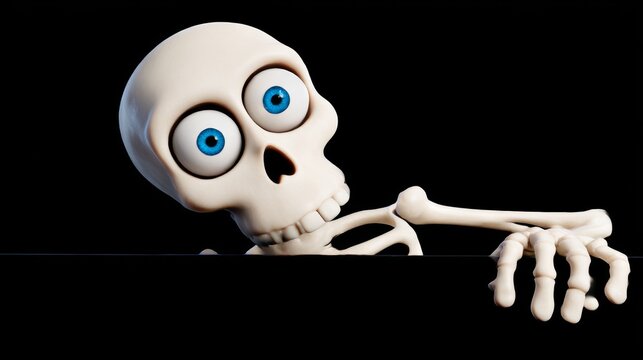 Funny 3D Cartoon Skeleton Character with Big Eyes Peeking Over Blank Space