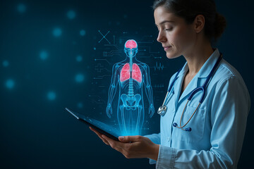AI generated female doctor using tablet with hologram of human body highlighting brain and lungs surrounded by futuristic medical data for advanced digital healthcare analysis