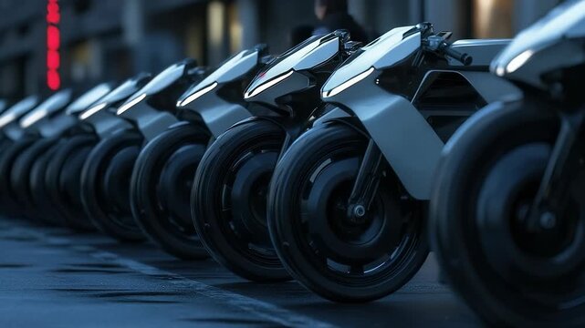 Row of Futuristic Electric Motorcycles Parked in Urban Setting, Modern Transportation, Sustainable Mobility, Innovative Design, Low Angle View