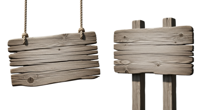 Two weathered wooden signboards, one suspended by ropes, one on posts, with natural wood grain, cracks, isolated on a bright white background with copy space, concept of versatile design template