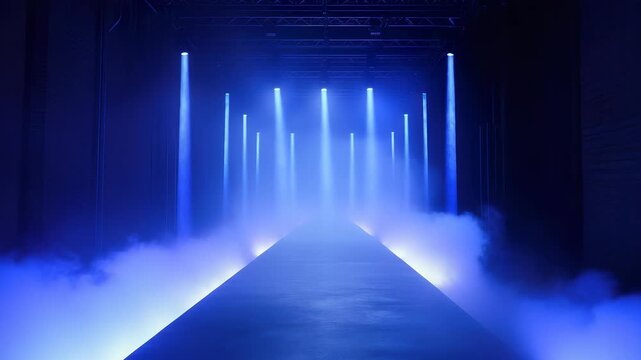 Empty Fashion Runway with Blue Lighting and Smoke Effects, Stage Lighting, Catwalk Show, Modern Design, Abstract Background