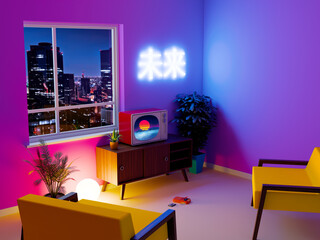vaporwave neon tv interior