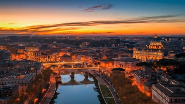 Aerial Travel & Architecture Breathtaking Sunset Over Romes Historic Landmarks and Cityscape