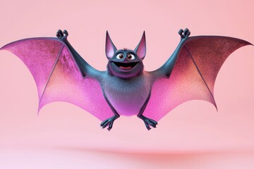 Cartoon bat character with pink wings smiling on pink background